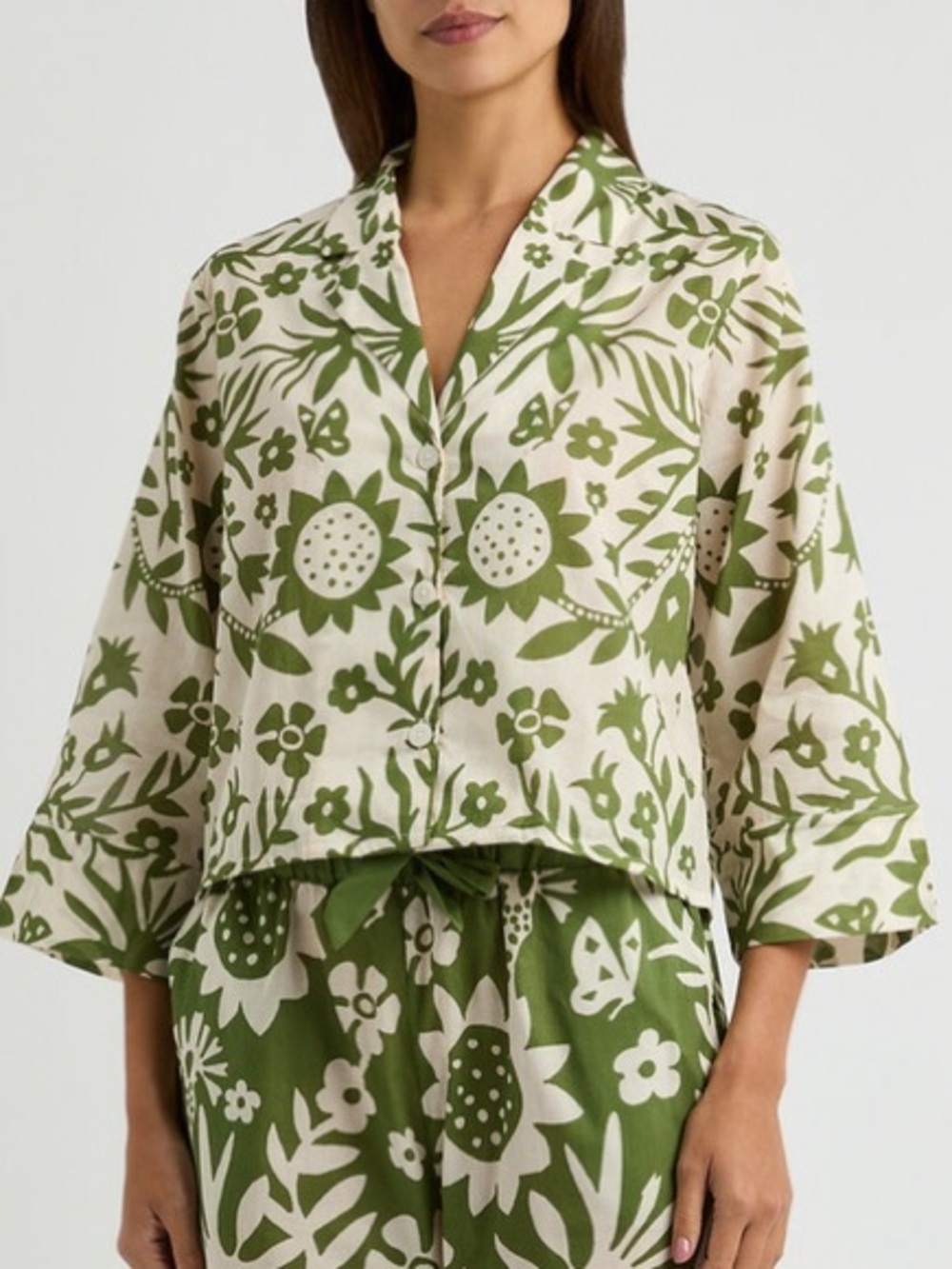 Desmond & Dempsey Fabelei Printed Cotton Pajama Top Medium Floral Green